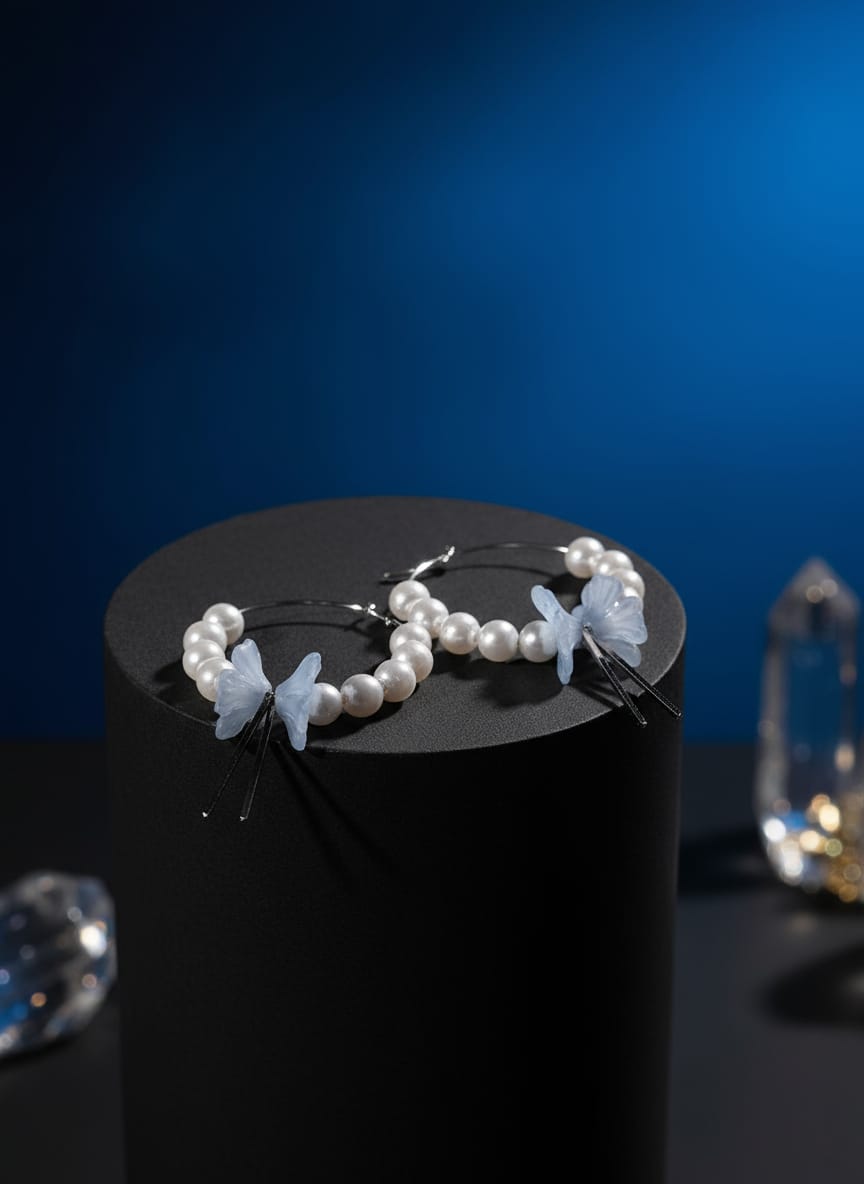 Blue Mist Butterfly Pearl Hoops