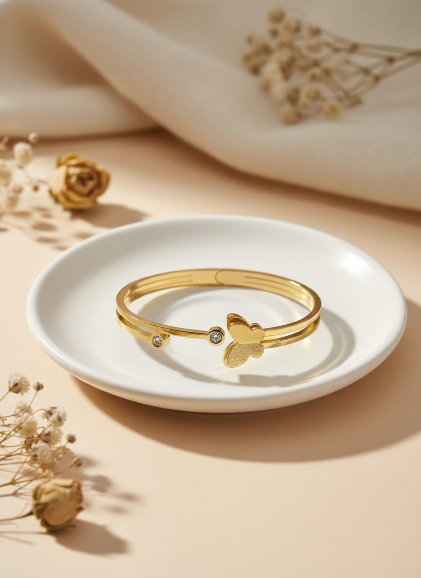 Butterfly & Crystal Open Bracelet - Anti-Tarnish