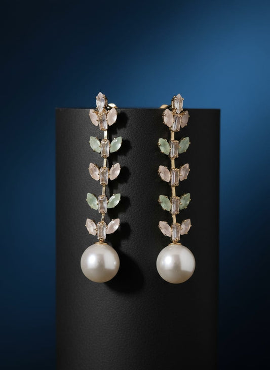 Lustre Leaf Pearl Drop Korean  AD Earring