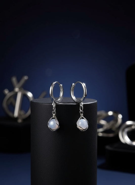 Korean Silver Pearl Drop Hoops